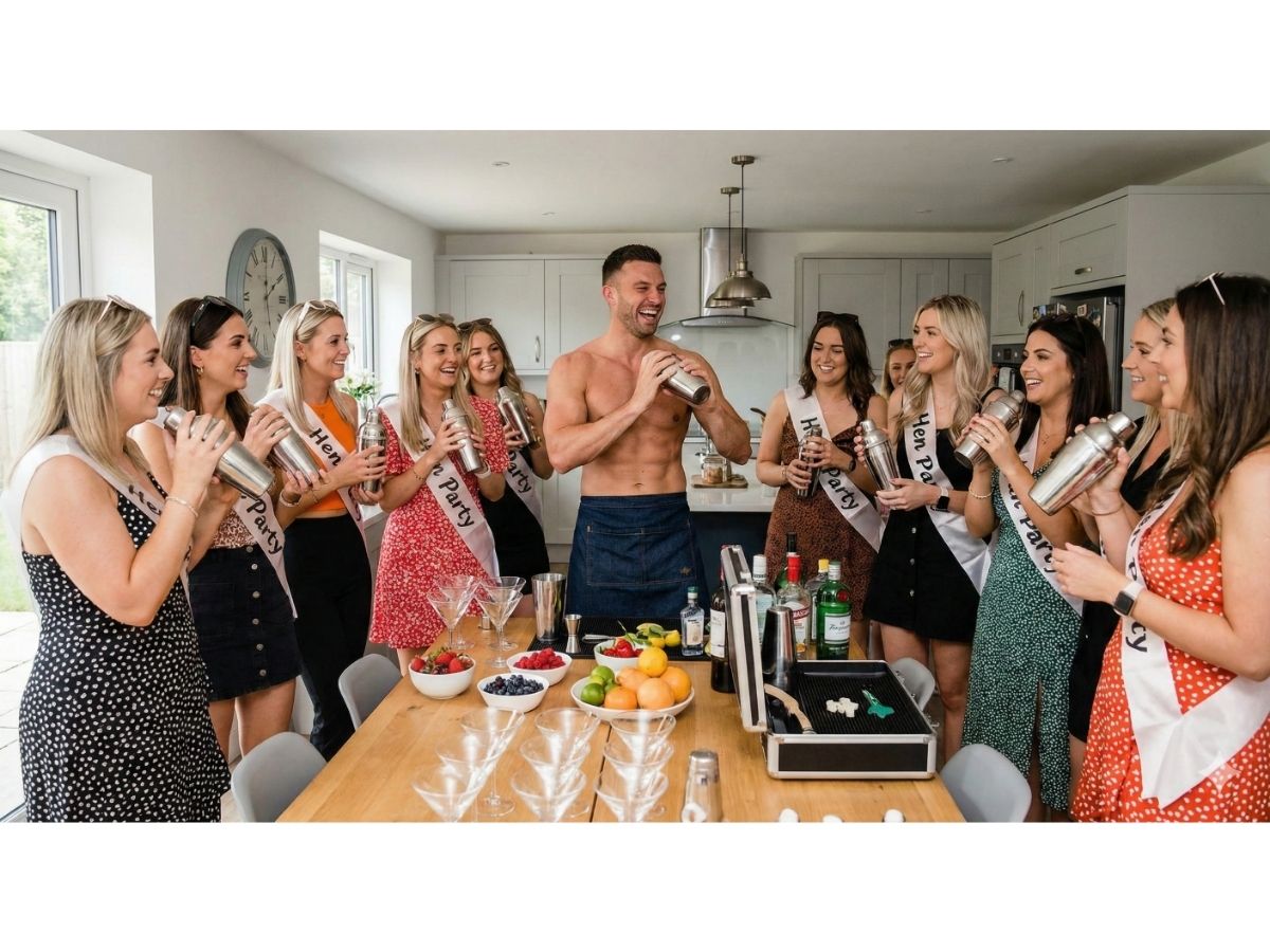 A butler in the buff Addlestone running a cocktail making class at a hen party