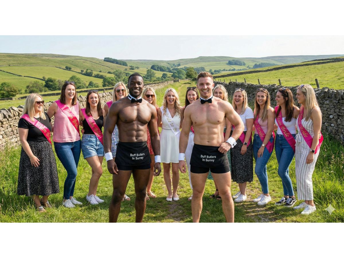 Butlers in the buff at a outdoor hen party in Egham