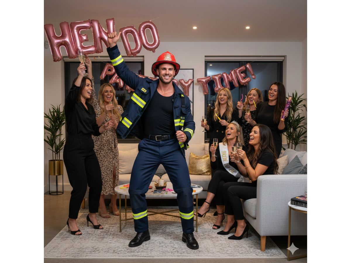 Professional male stripper performing at a hen party in Surrey with bride and friends