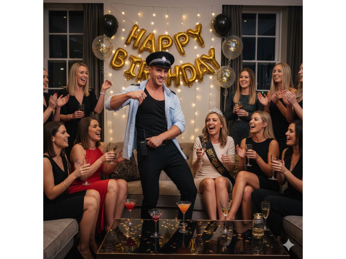 Male stripper performing at a private birthday party in Surrey with guests celebrating